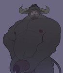 2_horns anthro barazoku beard bedroom_eyes big_penis black_body black_fur black_hair blush bodily_fluids broad_shoulders dripping facial_hair foreskin fur genital_fluids genitals hair half-erect holding_penis horn huge_penis humanoid_genitalia humanoid_penis looking_at_viewer male manly muscular muscular_anthro muscular_male narrowed_eyes nipples pecs penis pose precum precum_drip seductive simple_background smile smirk snorting solo tail vein veiny_penis toragoru allison_(woodaugust) bovid bovine cape_buffalo mammal 2024 hi_res pinup portrait three-quarter_portrait