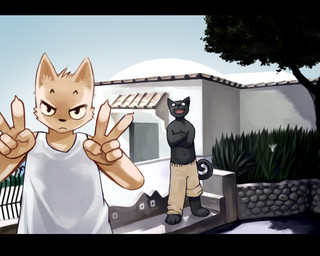 anthro cement clothed clothing crossed_arms detailed_background double_v_sign duo fence flower gangster gesture grumpy hand_gesture kemono light lily_(flower) looking_at_viewer low_wall male outside plant shadow shirt sky stone_wall sunlight tail tank_top topless topwear tree v_sign wall_(structure) white_clothing white_shirt white_topwear fffffolder domestic_cat felid feline felis mammal 5:4