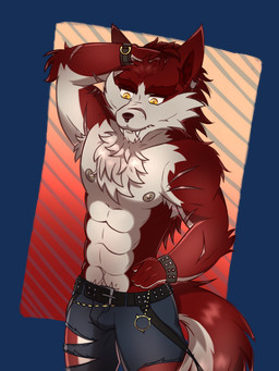 abs anthro arm_accessory arm_cuffs arm_scar armpit_hair belly belly_hair belt belt_accessory biceps body_hair bottomwear brown_nose chest_hair chest_tuft clothed clothing denim denim_bottomwear denim_clothing ear_piercing ear_ring ear_tuft eyebrows facial_hair facial_scar fangs fluffy fluffy_tail fur hair hand_in_hair hand_on_head hand_on_hip inner_ear_fluff jeans long_hair looking_away looking_down male multicolored_body multicolored_fur muscular muscular_anthro muscular_arms muscular_male navel nipple_piercing nipples orange_background pants pecs piercing pubes raised_arm red_background red_body red_ears red_eyebrows red_fur red_hair red_inner_ear_fluff red_tail ring_piercing scar simple_background slicked_back_hair solo solo_focus straps tail tan_belly tan_body tan_chest tan_fur tan_tail teeth thick_eyebrows topless topless_anthro topless_male torn_bottomwear torn_clothing torn_jeans torn_pants touching_hair tuft yellow_eyes arvo_(artist) epic_games fortnite mythology lycan_west_(fortnite) canid canine canis mammal mythological_canine mythological_creature werecanid werecanine werecreature werewolf wolf 2025 3:4 alpha_channel hi_res