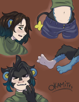 anthro black_body black_fur blue_body blue_fur bottomwear brown_hair clothing denim denim_bottomwear denim_clothing ear_growth eyes_closed fangs feet female foot_focus foot_transformation fur fur_growth growth hair highlights_(coloring) jeans looking_at_self mid_transformation midriff multicolored_body multicolored_fur navel pants smile solo species_transformation tail tail_tuft teeth transformation tuft okamitfs nintendo pokemon hope_(okamitfs) generation_4_pokemon human luxray mammal pokemon_(species) absurd_res hi_res