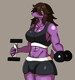 abs anthro athletic_wear big_breasts biped bodily_fluids bottomwear bra breasts brown_hair clothing dumbbell exercise female fingers front_view glistening glistening_abs glistening_breasts gym_bottomwear gym_shorts hair hair_over_eye holding_dumbbell holding_object humanoid_hands long_hair midriff muscular muscular_anthro muscular_arms muscular_female non-mammal_breasts outline purple_body shorts side_boob simple_background solo sports_bra standing sweat sweatdrop sweaty_abs sweaty_body tan_background underwear weightlifting weights white_outline workout yellow_sclera spoldier deltarune undertale_(series) susie_(deltarune) scalie colored half-length_portrait hi_res portrait shaded