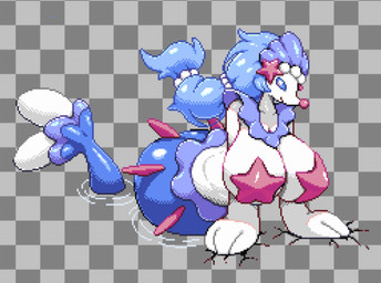 3_fingers anthro bent_over big_breasts big_butt blue_body blue_hair blue_scales blue_sclera breasts butt female female_anthro fin fingers fur geometric_background grid_background hair huge_breasts huge_butt legless macro macro_anthro macro_female partially_submerged pattern_background pink_nose ponytail scales simple_background smile solo split_form starfish_(accessory) starfish_bra tail tail_fin white_body white_eyes white_fur larsspawn nintendo pokemon aquatic asterozoan echinoderm generation_7_pokemon merfolk pokemon_(species) primarina starfish 2025 colored digital_media_(artwork) pixel_(artwork) wplace_(artwork)