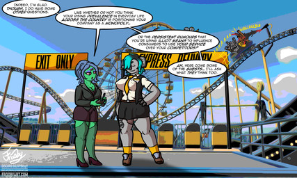 amusement_park amusement_ride anthro arm_tattoo badge big_nose bottomwear clothed clothing corruption duo female ferris_wheel fishnet_stockings flaccid footwear gate genitals green_body green_eyes grey_body gynomorph high_heels highlights_(coloring) intersex interview leg_tattoo necktie notebook oblivious pen_(object) penis pubes railing rolled_up_sleeves roller_coaster shirt shoes skirt socks suit_jacket tattoo text topwear transformation unaware_transformation vest frooby chucklefish starbound blaire echoen hanako_futaba melbourne_(frooby) aquatic bat elephant elephantid fish goo_creature humanoid hylotl koala mammal marsupial nanomachines proboscidean vombatiform 5:3 absurd_res english_text hi_res url