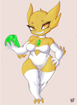 armwear breasts camel_toe clenched_teeth clothed clothed_female clothed_humanoid clothing elbow_gloves female front_view gem gloves hand_on_hip handwear holding_gem holding_object legwear leotard looking_at_viewer medium_breasts pose sharp_teeth simple_background smile solo standing tan_background teeth text thick_thighs thigh_highs topwear white_clothing white_gloves white_handwear white_legwear white_thigh_highs white_topwear wide_hips yellow_body yellow_eyes vinael nintendo pokemon generation_3_pokemon humanoid pokemon_(species) sableye shiny_pokemon artist_name colored full-length_portrait portrait shaded