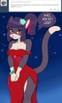 accessory anthro blush bracelet breasts cleavage clothed clothing domestic_cat dress felid feline felis female flower flower_in_hair fur hair hair_accessory jewelry mammal multicolored_body multicolored_fur plant purple_body purple_fur purple_hair red_clothing red_dress red_eyes sesame_akane skidd smile solo thick_thighs two_tone_body two_tone_fur uberquest white_body white_fur wide_hips