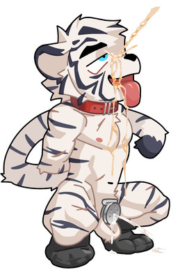 anthro bdsm black_clothing black_footwear black_socks bodily_fluids chastity_cage chastity_device chibi clothing collar crouching cum cum_drip cum_strand cum_while_chaste dripping ear_piercing ear_tag ejaculation eye_roll flat_chastity_cage footwear genital_fluids hands_behind_back male nude piercing scar shoeprint_on_body side_view simple_background socks solo submissive tongue tongue_out urine urine_drip urine_on_face urine_on_tongue urine_stream watersports white_background duolai8 qibajiu_(qibajiutts) felid mammal pantherine tiger