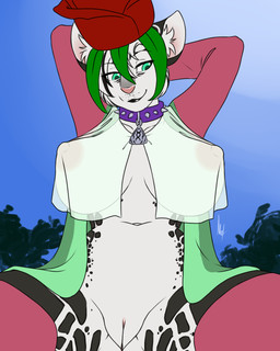 anthro big_breasts breasts clothing collar cosplay female flower fur genitals gloves handwear hat headgear headwear legwear lingerie nipples plant solo spread_legs spreading stockings vulva white_body white_fur furball alicia_(northwynd) felid feline leopard mammal pantherine 4:5 hi_res