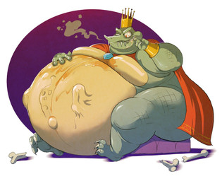 abdominal_bulge anthro belly big_belly bloodshot_eyes bodily_fluids cape clothing crown drooling headgear huge_belly male male_pred navel outie_navel red_eyes saliva same_size_vore sharp_teeth struggling struggling_prey teeth vore daddyzagur donkey_kong_(series) nintendo king_k._rool crocodile crocodilian reptile scalie