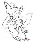 anthro cuddling duo eyes_closed male nude sleeping boreoboros disney zootopia finnick_(zootopia) nick_wilde canid canine fennec_fox fox mammal red_fox true_fox absurd_res black_and_white hi_res monochrome signature sketch