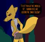 alternate_form anthro bedroom_eyes bodily_fluids bottomwear butt clothing dialogue exercise fur half-closed_eyes looking_back male narrowed_eyes naughty_face seductive shorts smile solo speech_bubble sweat text workout naked-sharks pashoo night_in_the_woods gregg_lee canid canine fox mammal digital_media_(artwork) english_text