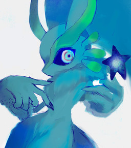 2_horns ambiguous_gender anthro biped black_fingernails black_nails black_sclera chest_tuft colored_nails featureless_crotch fingernails fur head_wings horn huge_wings looking_at_viewer mouthless multicolored_eyes nails neck_tuft pink_eyes portal pupils simple_background solo star_(shape) tail teal_body teal_eyes teal_fur three-quarter_view tuft unusual_wing_placement white_background wings gemini_kirby kirby_(series) nintendo fecto_elfilis alien chinchilla chinchillid mammal rodent starling_(kirby) digital_drawing_(artwork) digital_media_(artwork) digital_painting_(artwork) hi_res painting_(artwork)