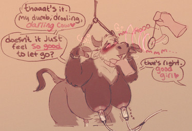 anthro bdsm big_breasts blush bodily_fluids bondage bound breast_milking breasts butt cuff_(restraint) drooling erection fur genital_fluids genitals gynomorph hair horn humanoid_genitalia humanoid_penis hypnosis intersex lactating machine milking_machine mind_control nipples nude open_mouth overweight pendulum penis precum raised_arms restraints saliva simple_background smile solo submissive tail text tongue tongue_out cowcollar bovid bovine cattle mammal digital_media_(artwork) english_text trans_(lore)