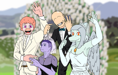 accessory anthro bald bisexual business_suit clothing digit_ring dress female female/female group jewelry male male/female male/male necktie orange_eyes pink_body polyamory purple_body purple_eyes ring smile smiling_at_viewer suit wedding wedding_dress wedding_ring shock_trooper_(artist) cavemanon_studios goodbye_volcano_high ko_op_(game_developer) snoot_game anon_(snoot_game) fang_(gvh) reed_(gvh) trish_(gvh) ceratopsian ceratopsid chasmosaurine dinosaur dromaeosaurid human mammal marginocephalian ornithischian prehistoric_species pterosaur reptile saurischian scalie theropod triceratops hi_res