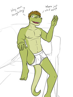 anthro briefs clothed clothing dialogue furniture looking_at_viewer male navel nipples on_sofa simple_background sitting sitting_on_sofa sofa solo tail tighty_whities underwear underwear_only white_briefs white_clothing white_underwear fuze gabriel_(fuze) alligatorid crocodilian reptile scalie 3:4 hi_res sketch