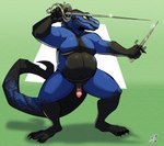 anthro balls circumcised dagger flaccid genitals holding_melee_weapon holding_object holding_weapon humanoid_genitalia humanoid_penis male melee_weapon nude overweight overweight_anthro overweight_male penis rapier simple_background slightly_chubby smile solo sword tail weapon yellowluster ackie_monitor lizard reptile scalie 2024 absurd_res digital_media_(artwork) hi_res