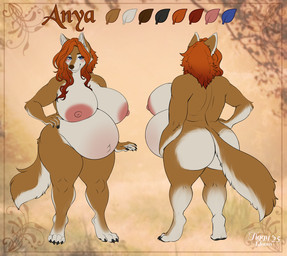 anthro areola belly big_areola big_belly big_breasts big_butt blue_eyes blush breasts brown_body brown_fur brown_nose butt cheek_tuft closed_smile eyelashes facial_tuft female front_view fur hair hand_on_hip huge_breasts long_hair mouth_closed nipples nude orange_hair overweight overweight_anthro overweight_female pregnant pregnant_anthro pregnant_female rear_view red_nipples smile solo standing tuft white_body white_fur wide_hips tiggybloom anya_(baconbare) canid canine mammal 2025 dated model_sheet