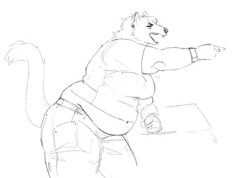 anthro back_rolls belly belly_folds belt bottomwear clock clothed clothing ear_piercing ear_ring fat_arms female gesture hand_gesture leaning love_handles midriff open_mouth overweight overweight_anthro overweight_female pants piercing pointing ring_piercing shirt solo tail thick_thighs topwear watch cettus hilde_albrecht gulonine mammal mustelid musteline wolverine 2022 sketch