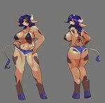 anthro big_breasts bikini bikini_top blue_hair bottomwear breasts butt clothed clothing daisy_dukes denim denim_bottomwear denim_clothing denim_shorts female front_and_back hair hand_on_hip hooves horn hotpants looking_at_viewer looking_back multiple_poses partially_clothed pose shorts skimpy solo swimwear two-piece_swimsuit wuwutim captain_laserhawk:_a_blood_dragon_remix cream_and_chocolate_(captain_laserhawk) bovid bovine cattle mammal absurd_res hi_res model_sheet portrait