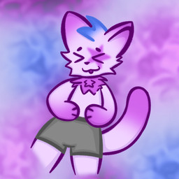 :3 >3< >_< abstract_background anthro biped blep blue_hair bottomwear cat_tail cheek_tuft chest_tuft clothed clothing dipstick_tail eye_markings eyes_closed facial_tuft fluffy fur grey_bottomwear grey_clothing grey_shorts hair highlights_(coloring) lying male markings multicolored_tail neck_tuft nude on_back paws pink_body pink_eyes pink_fur pink_highlights pink_nose pointy_ears prick_ears purple_tail_tip short_hair shorts slim slim_anthro slim_male small_waist smile solo spiky_hair standing star_(marking) tail tail_markings tongue tongue_out toony toony_eyes topless tuft jaykitty jay_(jaykitty) domestic_cat felid feline felis mammal 1:1 2025 absurd_res digital_drawing_(artwork) digital_media_(artwork) hi_res portrait purple_theme shaded three-quarter_portrait