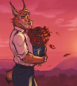 anthro biped blue_bottomwear blue_clothing blue_pants bottomwear bouquet clothed clothing collared_shirt dress_shirt flower fur holding_bouquet holding_flower holding_object looking_at_viewer male markings pants plant shirt solo spots spotted_body spotted_fur sunset topwear whiskers vhkansfweer blacksad joe_dunn felid feline lynx mammal hi_res