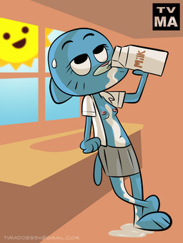 anthro arm_support beverage blue_body bottomwear breasts clothed clothing drinking female food mature_anthro mature_female milk navel nipples open_clothing open_shirt open_topwear shirt skirt solo sun topwear tvma cartoon_network the_amazing_world_of_gumball nicole_watterson domestic_cat felid feline felis mammal 2011 3:4