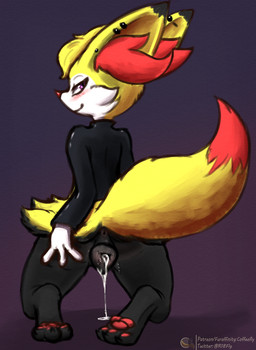 animal_genitalia animal_vulva anthro blush bodily_fluids bottomless canine_genitalia canine_vulva clothed clothing cum cum_in_vagina cum_inside female genital_fluids genitals jacket kneeling leather leather_clothing leather_jacket leather_topwear looking_at_viewer looking_back purple_eyes simple_background smile solo spreading topwear vaginal_fluids vulva coffeefly nintendo pokemon fan_character te braixen generation_6_pokemon pokemon_(species) hi_res