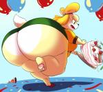 2019 animal_crossing anthro balloon big_butt blonde_hair bottomwear breasts butt butt_focus cake canid canine canis clothed clothing dessert domestic_dog female food fur hair hi_res hoodah huge_butt huge_hips hyper hyper_butt inflatable isabelle_(animal_crossing) mammal monotone_bottomwear monotone_clothing monotone_skirt nintendo open_mouth pawpads pencil_skirt shih_tzu skirt solo thick_thighs toy_dog wide_hips yellow_body yellow_fur