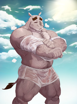 anthro arm_hair balls balls_outline barazoku belly belly_hair biceps biped bodily_fluids body_hair bulge chest_hair clothed clothing cloud detailed_background detailed_bulge erection erection_under_bottomwear eyes_closed facial_hair forearm_hair forearms foreskin front_view genital_outline genitals hairy hairy_legs happy_trail horn humanoid_genitalia humanoid_penis leg_hair male manly mature_anthro mature_male musclegut muscular muscular_anthro muscular_male nipples nude open_mouth outside pecs penis penis_outline pose realistic_penis_size relaxing shirt shoulder_hair sky solo standing sun sweat tongue topless topwear underwear undressing vein veiny_penis taoren mammal rhinoceros