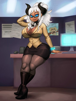 big_breasts black_bottomwear black_clothing black_skirt blue_eyes boots bottomwear breasts business_suit clothing computer_monitor eyewear female footwear furniture glasses hair hand_behind_head high_heeled_boots high_heels horn inside legwear looking_at_viewer not_furry office pantyhose rectangular_glasses shoes skirt smile solo suit table white_hair general-irrelevant horned_humanoid humanoid 3:4 hi_res