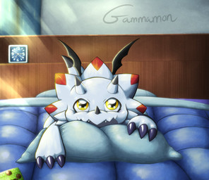 anthro bed bedding claws furniture horn looking_at_viewer male on_bed pillow smile solo white_body wings yellow_eyes gekkart bandai_namco digimon digimon_(species) gammamon absurd_res hi_res
