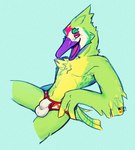 anthro beak bodily_fluids briefs bulge clothed clothing feathers genital_fluids green_body green_feathers male open_mouth purple_beak simple_background smile solo underwear wet wet_clothing wet_underwear wings yellow_eyes kdkilo mythology pixile_studios super_animal_royale alebrije avian bird blue_jay corvid jay_(bird) new_world_jay oscine passerine 2021 digital_media_(artwork)