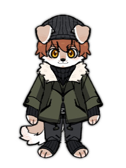 anthro black_clothing black_hat black_headwear black_nose bottomwear brown_body brown_fur brown_hair clothed clothing floppy_ears front_view fur glistening glistening_eyes green_clothing green_jacket green_topwear grey_bottomwear grey_clothing grey_pants hair hat headgear headwear jacket light_body light_fur looking_at_viewer male orange_eyes pants short_hair simple_background solo standing topwear unsigned white_background white_body white_fur asnnonaka canid canine canis domestic_dog mammal 3:4 full-length_portrait hi_res portrait