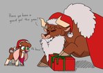 0xyr0 2022 age_difference aged_down arizona_cow_(tfh) big_ears bovid bovine brown_body brown_fur cattle christmas christmas_clothing christmas_headwear clothing cloven_hooves daughter_(lore) daww dialogue digital_drawing_(artwork) digital_media_(artwork) duo english_text fake_beard father_(lore) father_and_child_(lore) father_and_daughter_(lore) female feral fur gift green_eyes grey_background hat headgear headwear holidays hooves horn kerchief long_ears male mammal neckerchief older_male open_mouth open_smile parent_(lore) parent_and_child_(lore) parent_and_daughter_(lore) red_kerchief red_neckerchief santa_hat simple_background smile texas_(tfh) text them's_fightin'_herds young young_feral younger_female