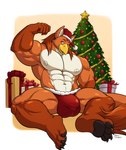 abs abstract_background anthro balls_outline beak big_bulge biped black_pawpads box bulge christmas_clothing christmas_headwear christmas_tree claws clothed clothing container detailed_bulge eyebrows flexing flexing_bicep fur genital_outline gift gift_box gloves_(marking) hair hat headgear headwear holidays leg_markings long_hair looking_at_viewer male male_anthro markings muscular muscular_anthro muscular_male navel nipples one_eye_closed orange_body orange_eyebrows orange_eyes orange_fur orange_hair partially_clothed pawpads pecs plant plantigrade prick_ears santa_hat solo tree underwear blazekemono christmas mythology avian gryphon mythological_avian mythological_creature absurd_res cel_shading full-length_portrait hi_res portrait shaded