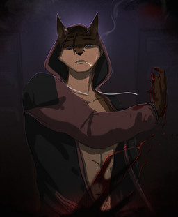 anthro blood bodily_fluids brown_body brown_fur brown_hair cigarette ear_piercing eyebrow_piercing facial_piercing fur hair male nails piercing purple_eyes smoke smoking solo teeth white_body white_fur yourumi kais_(yourumi) canid canine fox mammal hi_res