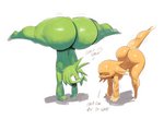 balls big_butt bodily_fluids butt butt_size_difference curvy_figure dialogue duo exclamation_point exercise femboy genitals glistening glistening_butt green_butt handstand huge_butt male male/male nude open_mouth question_mark simple_background sweat text thick_thighs white_background wide_hips sqoon jay_(sqoon) panpan humanoid puwa digital_media_(artwork) english_text hi_res