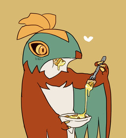 ambiguous_gender anthro bowl container cutlery eating fork heart_symbol kitchen_utensils nude simple_background solo tools yellow_eyes unagiga nintendo pokemon accipitrid accipitriform avian bird generation_6_pokemon hawlucha pokemon_(species)