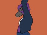 anthro arms_above_head beak black_clothing black_jacket black_topwear blue_bottomwear blue_clothing blue_pants bottomwear breasts chest_wraps clothed clothing eyebrows feathers female fully_clothed grey_beak jacket looking_at_viewer midriff orange_background pants purple_body purple_eyes purple_feathers side_view simple_background solo stretching topwear wraps savy_(artist) dakota_(savy) dakotaraptor dinosaur dromaeosaurid prehistoric_species reptile scalie theropod 2022 4:3 digital_drawing_(artwork) digital_media_(artwork) firealpaca_(artwork) flat_colors half-length_portrait hi_res portrait