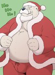 anthro beard belly big_belly black_nose bottomwear bulge christmas_clothing christmas_headwear clothing facial_hair green_background hat headgear headwear holidays kemono male mature_male navel overweight overweight_male pants santa_hat simple_background solo text wantaro christmas santa_claus bear mammal polar_bear ursine 2023