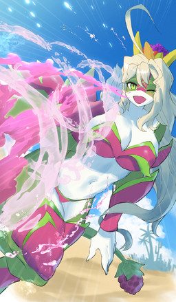acid anthro attack beach big_breasts bikini blonde_hair blush breasts clothing female food green_body green_eyes hair happy looking_at_viewer multicolored_body non-mammal_breasts non-mammal_hair one_eye_closed open_mouth palm_tree pink_body plant solo swimwear tree two-piece_swimsuit wink winking_at_viewer passionpit777 mythology juicy_the_dragon dragon elemental_creature food_creature mythological_creature mythological_scalie scalie absurd_res hi_res
