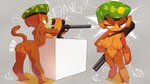 anthro anus areola beret beret_only big_breasts breasts brown_body brown_eyes brown_fur butt clothing eyebrows female front_view fur genitals green_beret grey_background gun hat hat_only headgear headgear_only headwear headwear_only mostly_nude navel nipples nude onomatopoeia orange_areola orange_body orange_fur orange_nipples pussy ranged_weapon rear_view rifle simple_background sniper_rifle solo sound_effects text thick_eyebrows weapon wide_hips sachsech205 bloons_tower_defense ninja_kiwi sniper_monkey_(bloons) haplorhine mammal monkey primate
