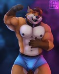 5_fingers abs abstract_background anthro big_biceps black_collar black_nipples black_nose black_sclera blue_clothing blue_underwear brown_hair bulge claws clothed clothing collar fingers flexing fur hair looking_at_viewer male multicolored_body multicolored_fur muscular muscular_anthro muscular_arms muscular_male navel nipples open_mouth orange_body orange_fur pecs pose smug solo teeth triceps underwear underwear_only skaifox tiberious_(tibbygrrr) canid canine fox mammal 2024 artist_name hi_res pinup