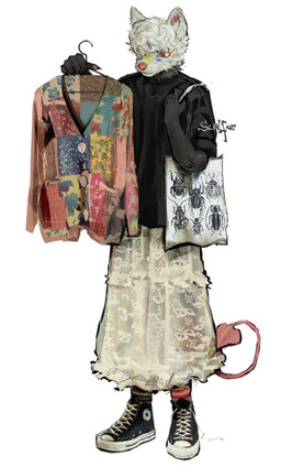 ambiguous_gender anthro bottomwear clawed_hands clothes_hanger clothing converse_shoes fashion footwear fur hair handbag legwear long_skirt pattern_clothing pattern_footwear pattern_legwear pattern_socks shopping skirt snout socks solo spade_tail striped_clothing striped_footwear striped_socks stripes sweater tail topwear turtleneck white_body white_fur white_hair suulfur canid canine mammal