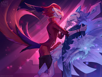 4_fingers anthro anthro_on_anthro balls beak big_tail biped black_beak black_bottomwear black_clothing black_pants blue_beak blue_body blue_clothing blue_eyes blue_feathers blue_glans blue_topwear bodily_fluids bottomwear bottomwear_down clothed clothed_anthro clothed_male clothing cum cum_on_clothing cum_on_hand cum_on_leg cum_on_penis duo empty_eyes erection eye_contact eyewear feathers fingers foreskin frottage genital_fluids genitals glans glasses gloves hand_on_face hand_on_shoulder handwear humanoid_genitalia humanoid_penis looking_at_another male male/male male_anthro multicolored_clothing multicolored_gloves multicolored_handwear non-mammal_balls open_beak open_mouth pants pants_down partially_clothed partially_clothed_anthro partially_clothed_male partially_retracted_foreskin penile penis penises_touching purple_glans red_body red_clothing red_eyes red_feathers red_gloves red_handwear red_penis red_topwear sex smile smiling_at_another sparkles tail tail_feathers text topwear two_tone_clothing two_tone_gloves two_tone_handwear wearing_glasses white_balls white_bottomwear white_clothing white_face white_gloves white_handwear white_pants white_penis nurinaki hellaverse helluva_boss andrealphus_(helluva_boss) vassago_(helluva_boss) ara_(genus) avian bird demon galliform macaw macaw_demon neotropical_parrot parrot peafowl peafowl_demon phasianid scarlet_macaw true_parrot 2025 artist_name digital_media_(artwork) digital_painting_(artwork) painting_(artwork) url