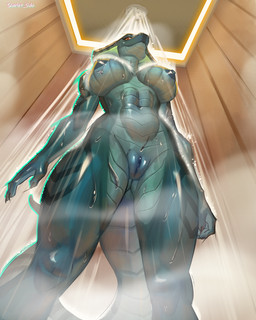 abs anthro areola bathing big_areola big_breasts bodily_fluids breasts butt claws female genital_fluids genitals glistening green_body looking_at_viewer looking_down low-angle_view markings navel nipples non-mammal_breasts non-mammal_navel non-mammal_nipples non-mammal_vulva nude orange_eyes scales shower showering simple_background smile solo tail thick_tail thick_thighs vaginal_fluids ventral_scales vulva water wet wide_hips worm's-eye_view scarlet_side reptile scalie snake 4:5 absurd_res digital_media_(artwork) hi_res