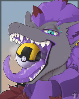 bodily_fluids dripping ear_piercing fangs fur hair imminent_vore long_tongue male mouth_shot object_in_mouth object_vore open_mouth oral_vore piercing pokeball pokeball_vore purple_body purple_fur purple_hair purple_insides purple_internal purple_tongue saliva saliva_drip saliva_on_tongue saliva_string solo steam steamy_breath teeth tongue tongue_out ultra_ball vore arkailart nintendo pokemon chaiyn_tirich_(voraciousnuki) fan_character canid canine fox generation_5_pokemon mammal pokemon_(species) shiny_pokemon zoroark 4:5 absurd_res hi_res