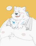 anthro belly big_belly black_nose blush eyes_closed kemono male moobs nipples overweight overweight_male simple_background solo towel towel_around_neck haoming lifewonders live_a_hero yohack canid canine canis domestic_dog mammal 2025 hi_res