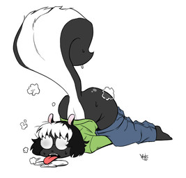 anthro bodily_fluids bottomwear bottomwear_down breath butt clothed clothing eyewear female glasses panting pants pants_down partially_clothed saliva solo sweat tongue yotomoe muffy_(yotomoe) mammal mephitid skunk 2021