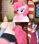 anthro anthrofied biped blue_eyes breasts clothed clothing dialogue dress duo eyelashes female hair horn pink_body pink_hair pupils purple_hair shirt text thick_thighs topwear white_body papadragon69 friendship_is_magic hasbro my_little_pony mythology pinkie_pie_(mlp) rarity_(mlp) equid equine mammal mythological_creature mythological_equine unicorn 3d_(artwork) digital_media_(artwork) hi_res