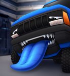 ambiguous_gender blue_body blush bodily_fluids bonnet car clothing garage headgear headlamp headwear lamp machine metallic_body mouth_shot open_mouth saliva saliva_string solo teeth teeth_showing tire tongue tongue_out vehicle zegzagun jeep living_machine living_vehicle absurd_res hi_res